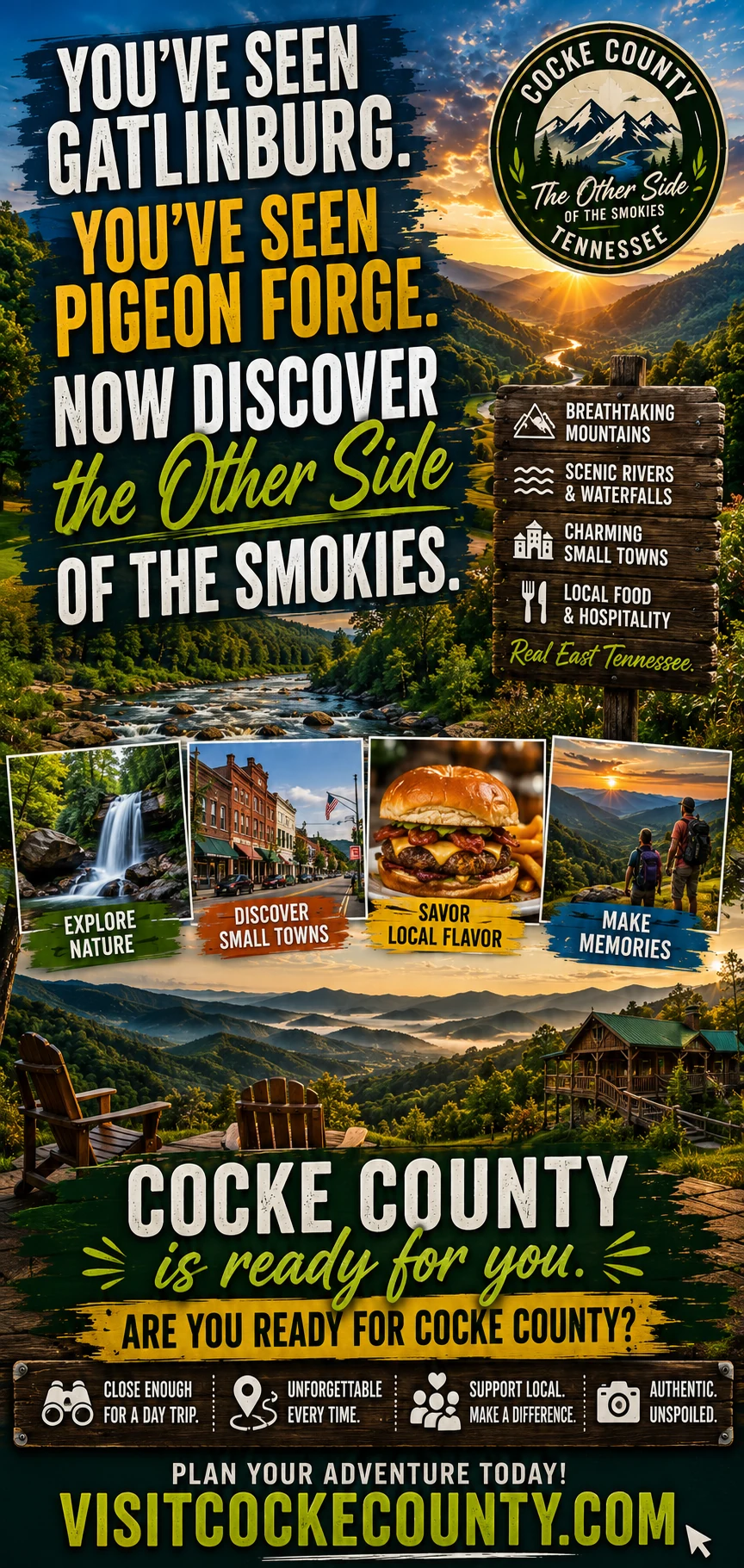 Visit Cocke County Tennessee travel poster featuring mountain scenery, local food and East Tennessee experiences