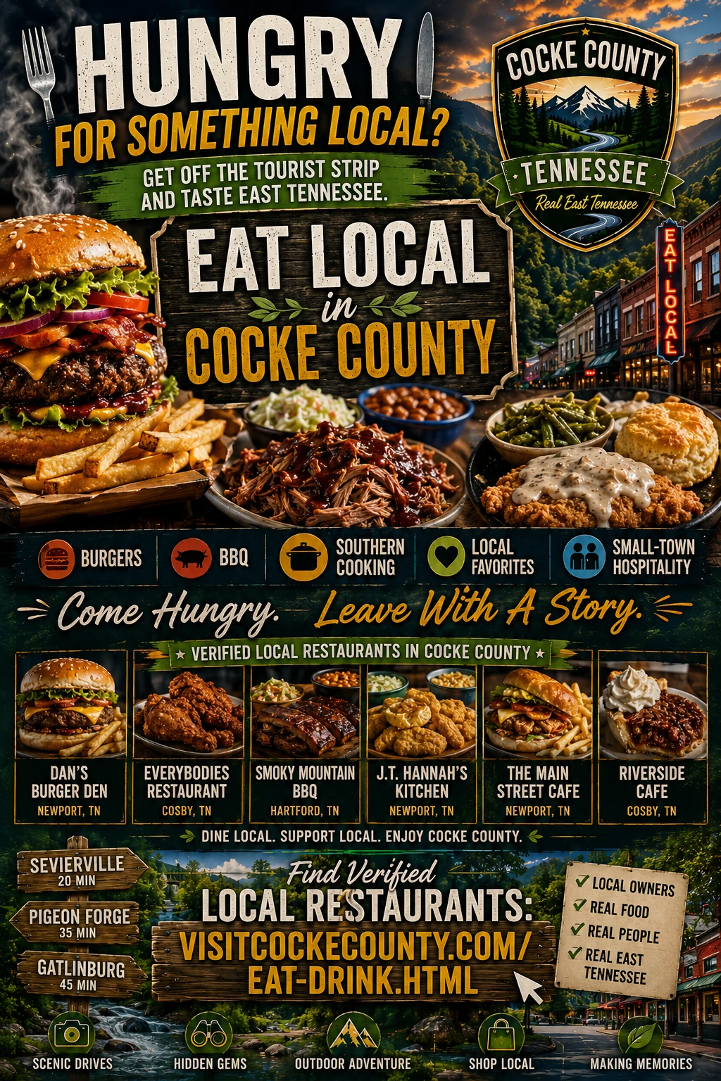 Eat local in Cocke County Tennessee tourism poster featuring burgers, barbecue and Southern food