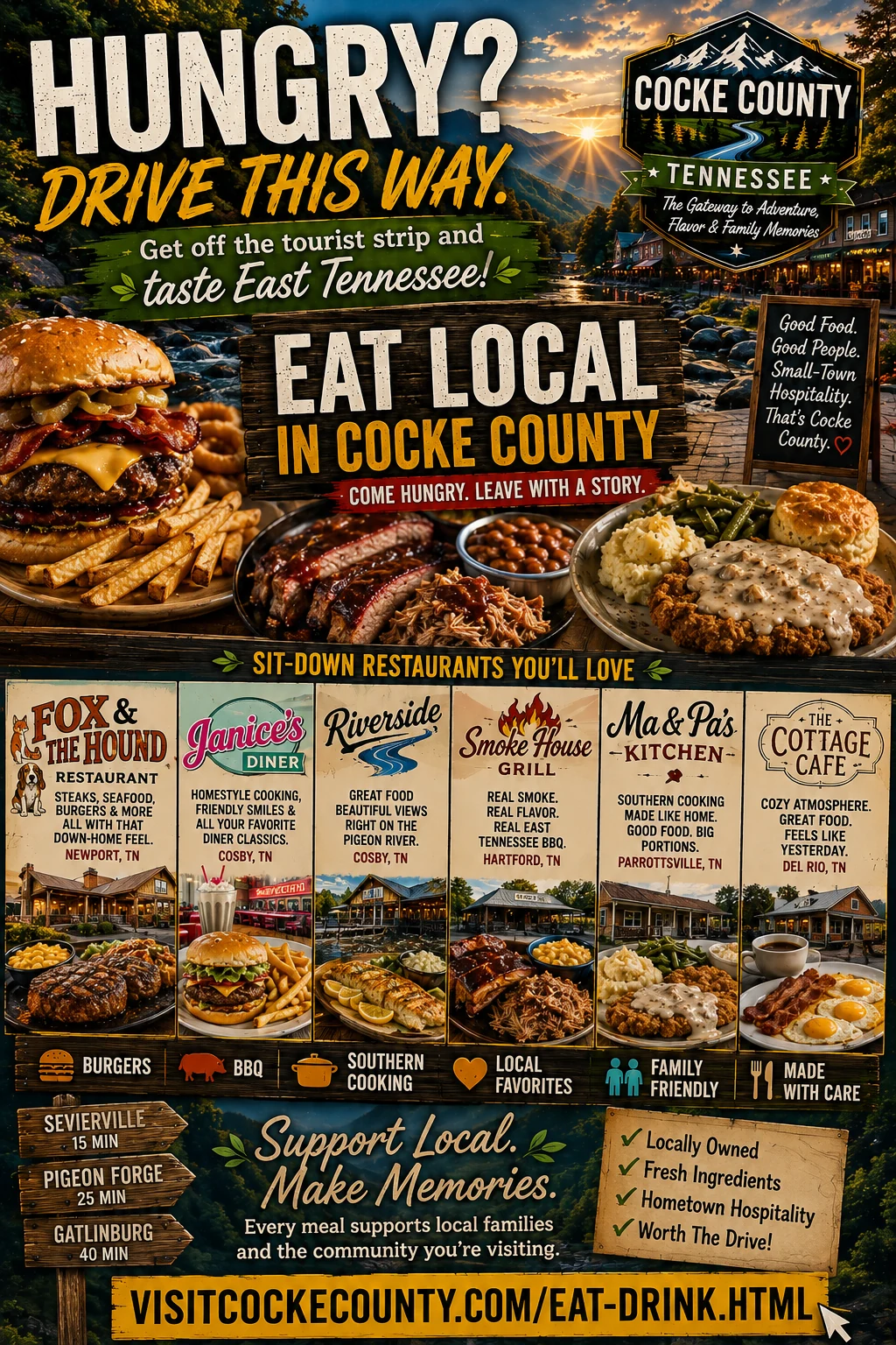 Cocke County Tennessee sit-down restaurant tourism poster inviting Smoky Mountains visitors to eat local