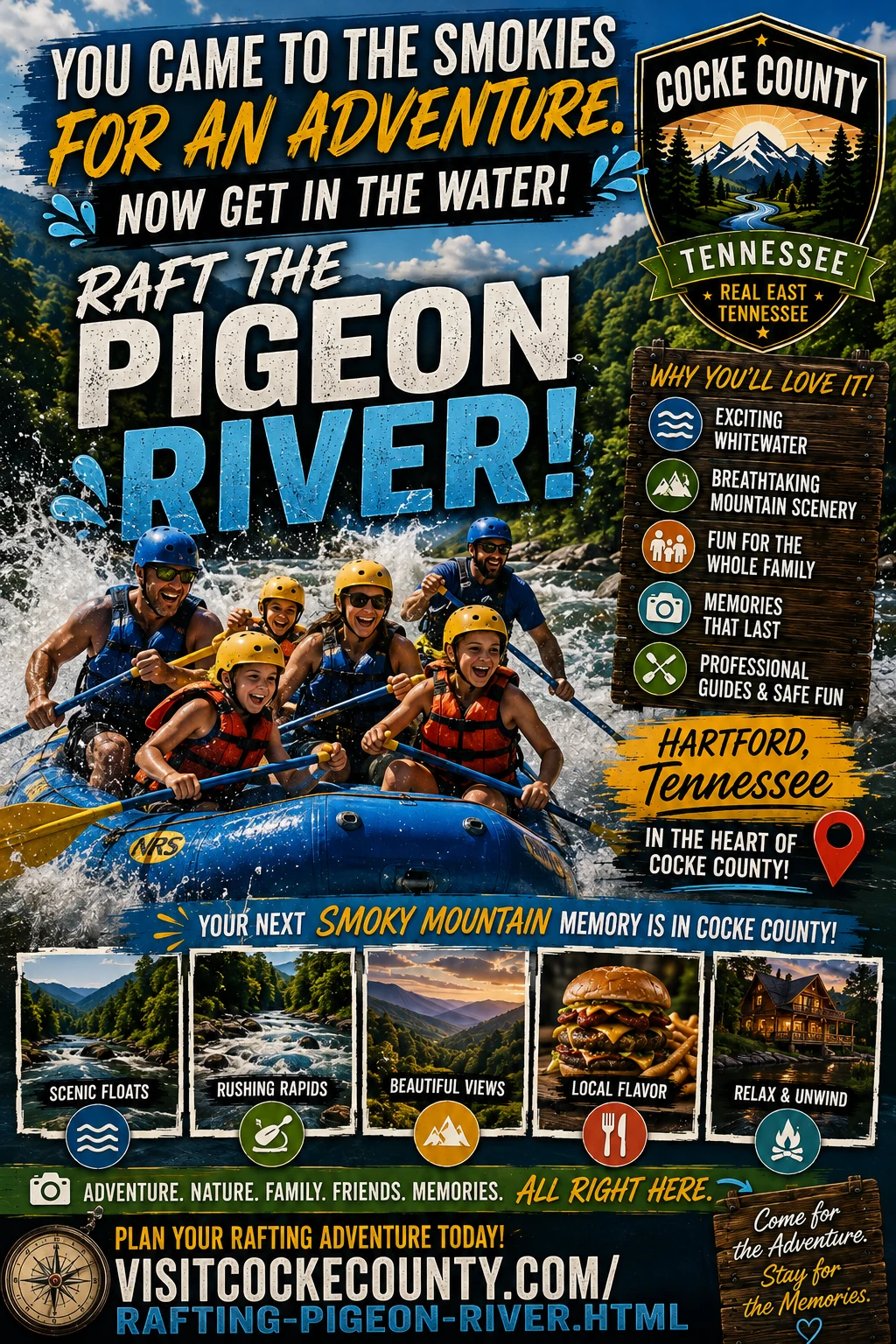 Raft the Pigeon River adventure poster promoting Hartford Tennessee and Cocke County outdoor recreation