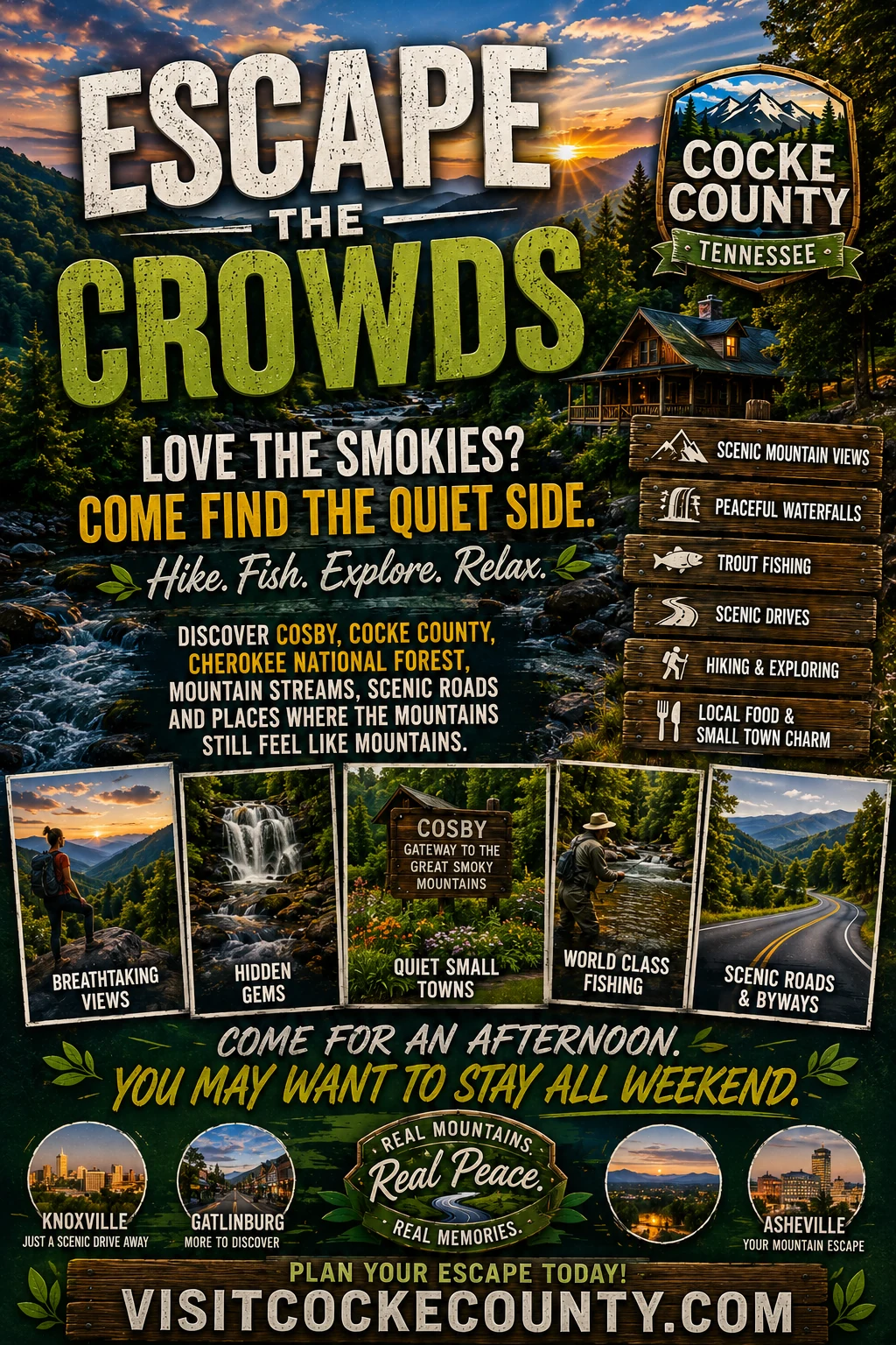 Cosby and Cocke County Tennessee quiet mountain getaway tourism poster with streams, hiking and scenic roads