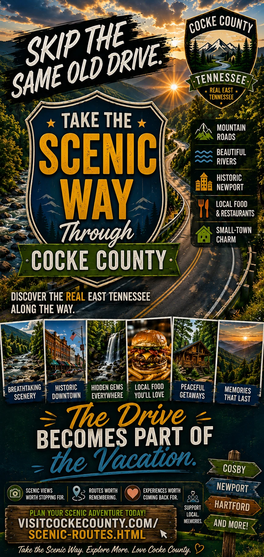 Take the Scenic Way through Cocke County Tennessee tourism poster with mountain roads, rivers and local experiences