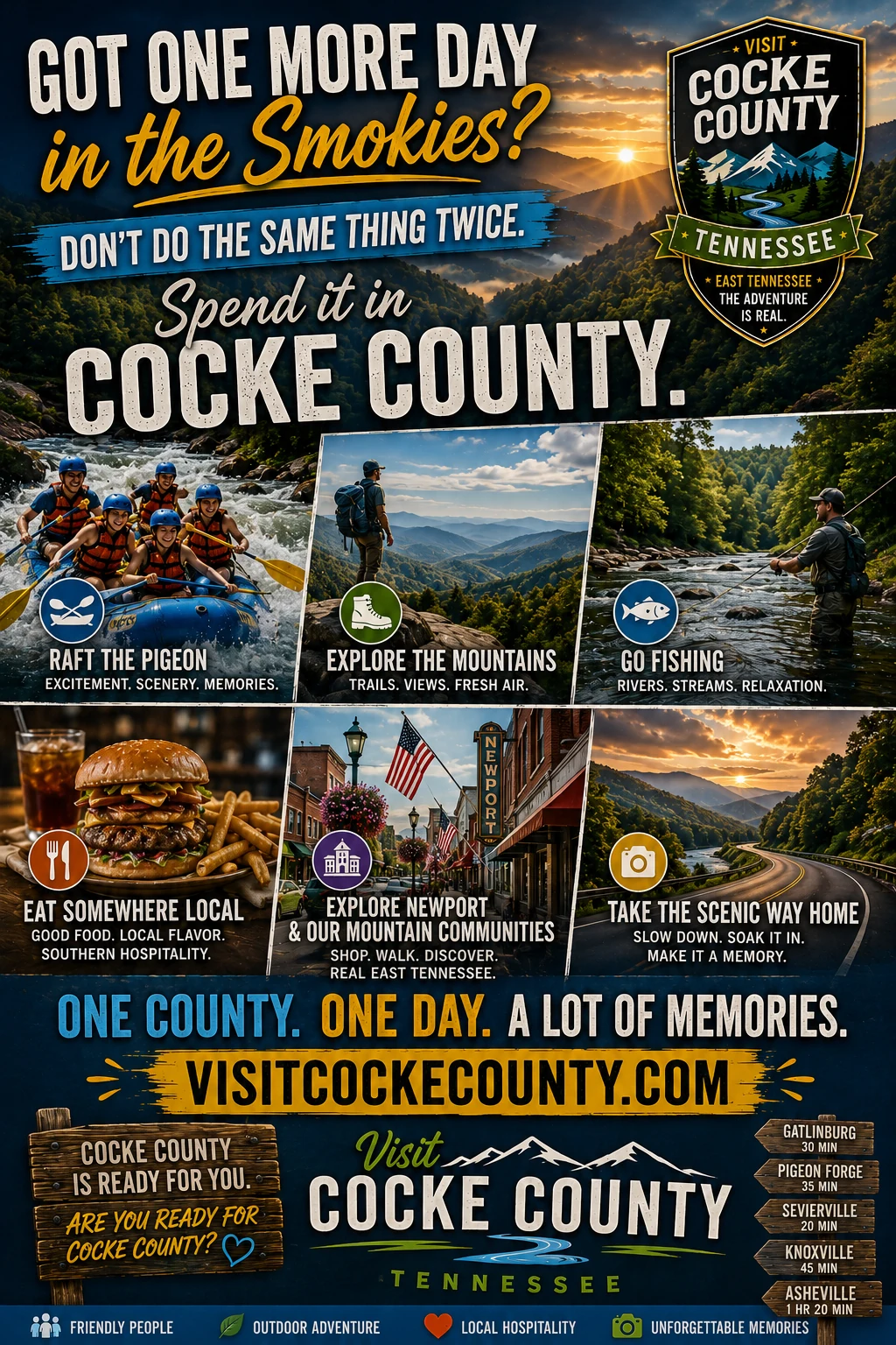 Make Cocke County your extra Smoky Mountains day tourism poster featuring rafting, hiking, fishing, local food and Newport