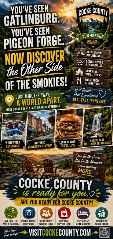Cocke County Tennessee tourism poster inviting Gatlinburg and Pigeon Forge visitors to discover the other side of the Smokies