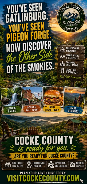 Visit Cocke County Tennessee travel poster featuring mountain scenery, local food and East Tennessee experiences