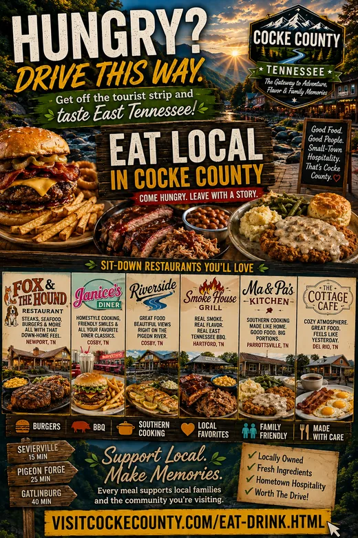 Cocke County Tennessee sit-down restaurant tourism poster inviting Smoky Mountains visitors to eat local