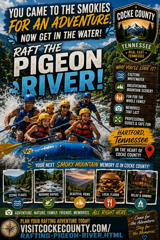 Raft the Pigeon River adventure poster promoting Hartford Tennessee and Cocke County outdoor recreation