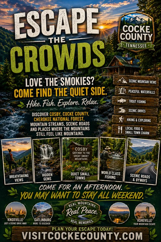 Cosby and Cocke County Tennessee quiet mountain getaway tourism poster with streams, hiking and scenic roads