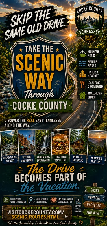 Take the Scenic Way through Cocke County Tennessee tourism poster with mountain roads, rivers and local experiences