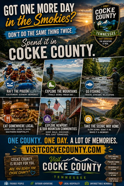 Make Cocke County your extra Smoky Mountains day tourism poster featuring rafting, hiking, fishing, local food and Newport