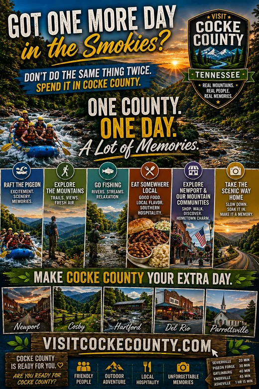 One county one day lots of memories Cocke County Tennessee day trip poster for Smoky Mountains visitors